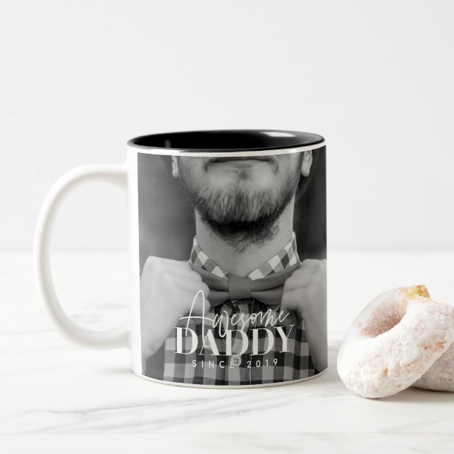 Awesome Daddy Since 20XX Simple Elegant Photo Two-Tone Coffee Mug (With Donut)