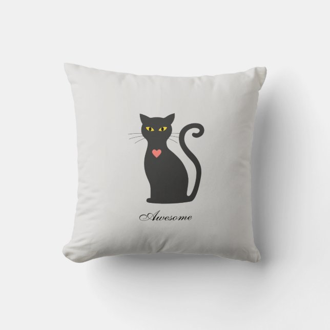 Awesome Dark Grey Cat on Light Silver Cushion (Front)