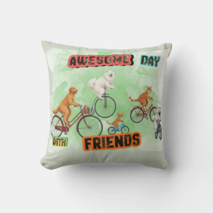 Awesome Day with Friends - Dogs and Cats on Bikes Cushion