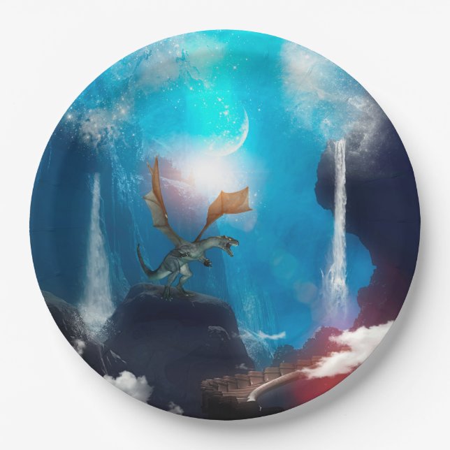 Awesome dragon with waterfalls paper plate (Front)