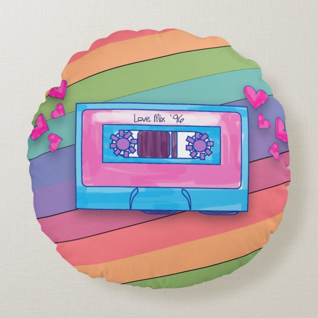 Awesome Eighties Rainbow Mixtape Music Logo Round Cushion (Front)