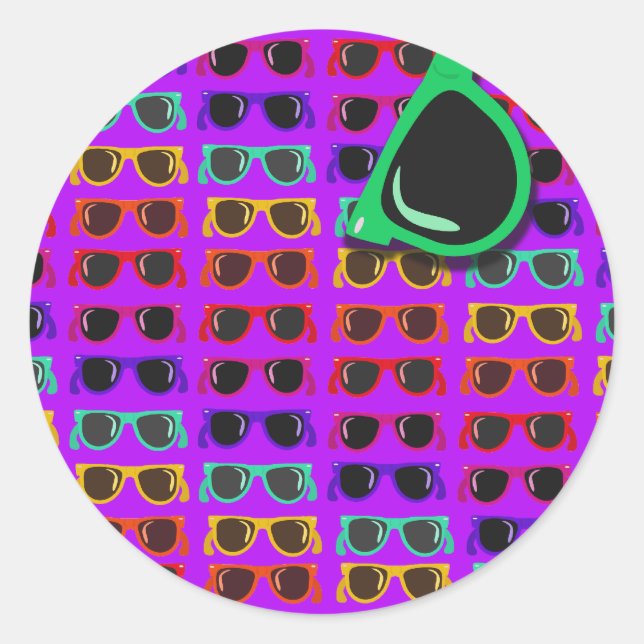 Awesome Eighties Sunglasses on Purple Classic Round Sticker (Front)