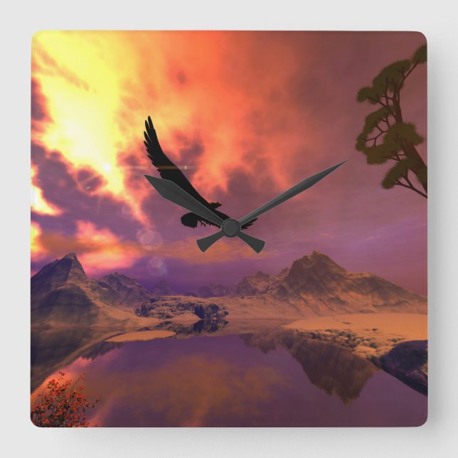 Awesome fantasy landscape with flying eagle square wall clock (Front)