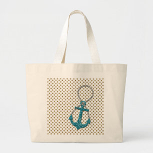 Awesome faux glitter peacock blue nautical anchor large tote bag