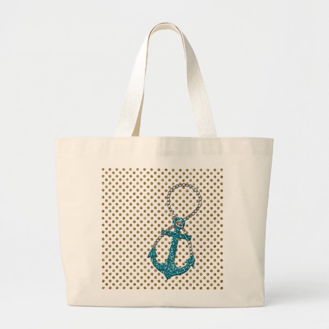 Awesome faux glitter peacock blue nautical anchor large tote bag (Front)