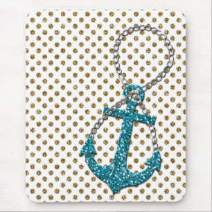 Awesome faux glitter peacock blue nautical anchor mouse mat