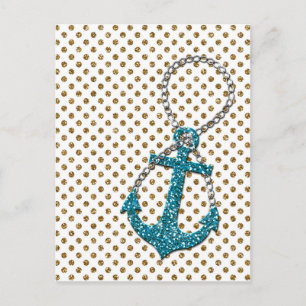 Awesome faux glitter peacock blue nautical anchor postcard