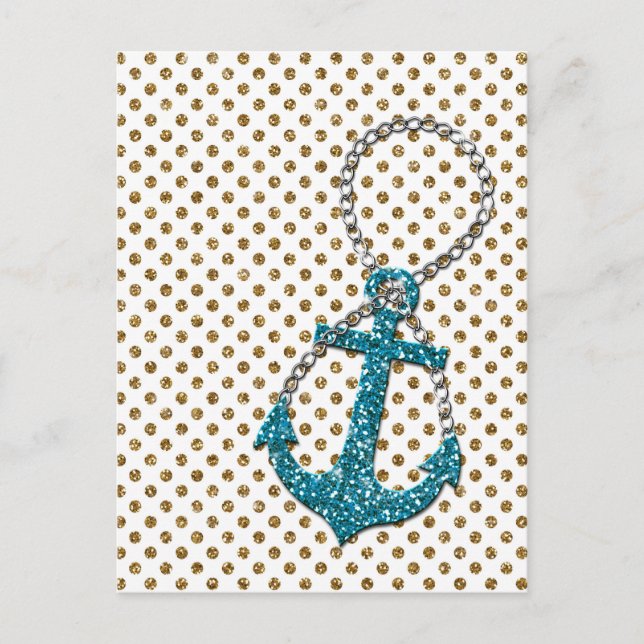 Awesome faux glitter peacock blue nautical anchor postcard (Front)