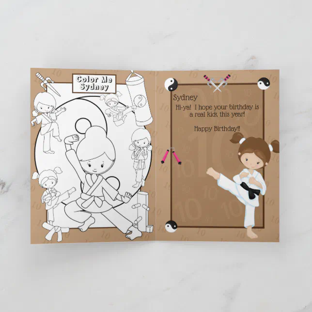 Awesome Girls Karate Colouring Page Happy Birthday Card | Zazzle