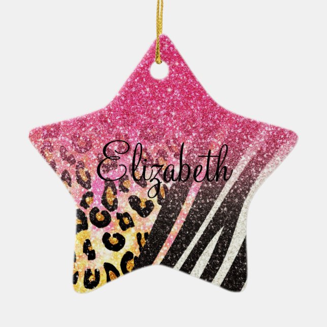 Awesome girly trendy leopard print, zebra stripes ceramic tree decoration (Front)