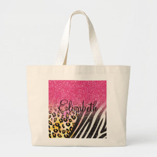 Awesome girly trendy leopard print, zebra stripes large tote bag
