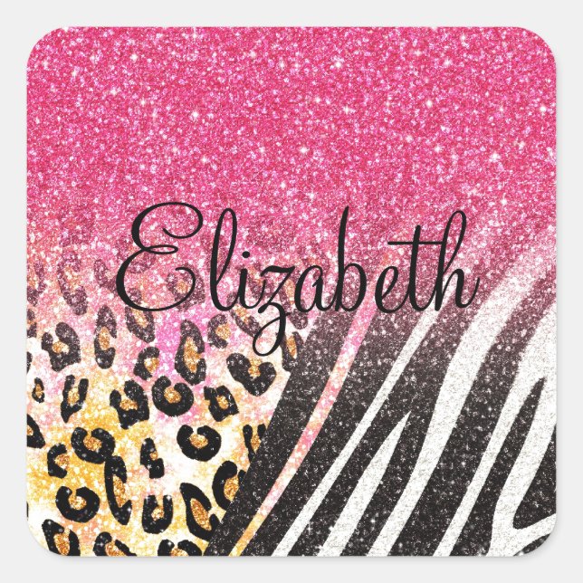 Awesome girly trendy leopard print, zebra stripes square sticker (Front)