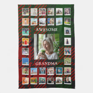 Awesome Grandma Photo Collage Black Red Tartan Tea Towel