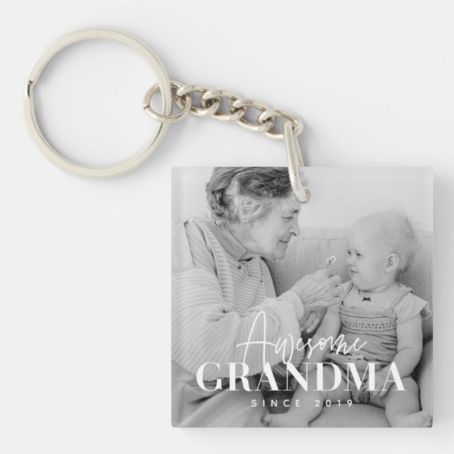 Awesome Grandma Since 20XX Simple Elegant Photo Key Ring (Front)