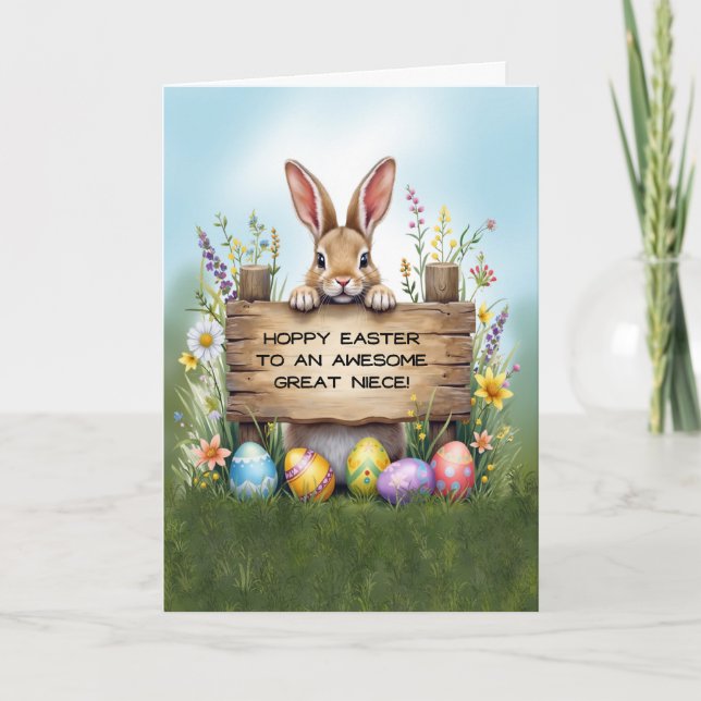 Awesome Great Niece Bunny in Grass Easter Eggs Card (Front)