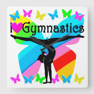 AWESOME I LOVE GYMNASTICS BUTTERFLY DESIGN SQUARE WALL CLOCK