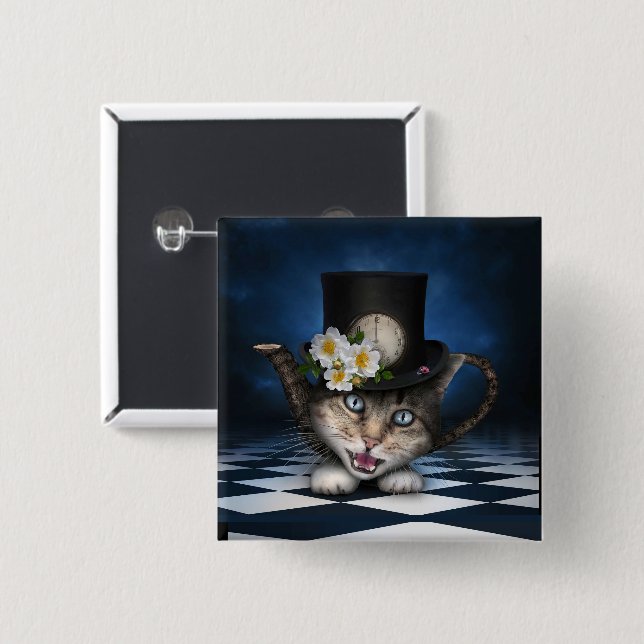 Awesome Mad Hatter Teapot Cat Whimsical Design 15 Cm Square Badge (Front & Back)