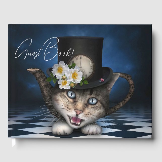 Awesome Mad Hatter Teapot Cat Whimsical Design Guest Book (Front)