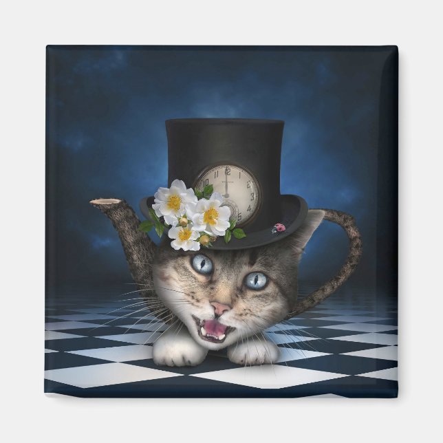 Awesome Mad Hatter Teapot Cat Whimsical Design Magnet (Front)