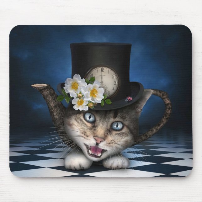 Awesome Mad Hatter Teapot Cat Whimsical Design Mouse Mat (Front)