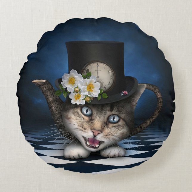 Awesome Mad Hatter Teapot Cat Whimsical Design Round Cushion (Front)