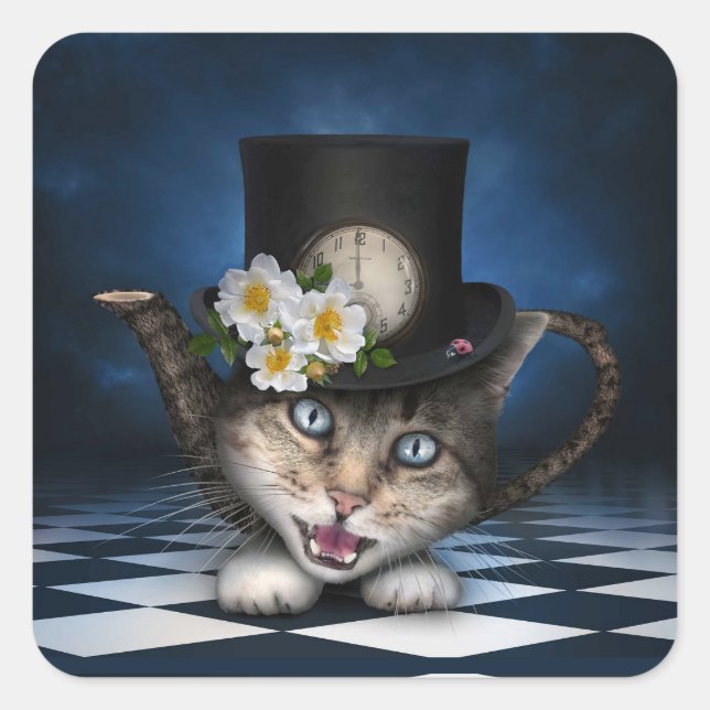 Awesome Mad Hatter Teapot Cat Whimsical Design Square Sticker (Front)