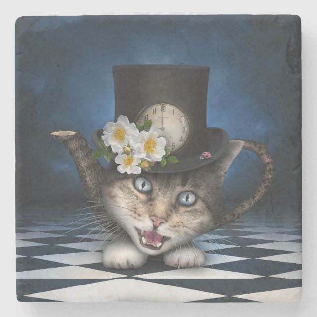Awesome Mad Hatter Teapot Cat Whimsical Design Stone Coaster (Front)