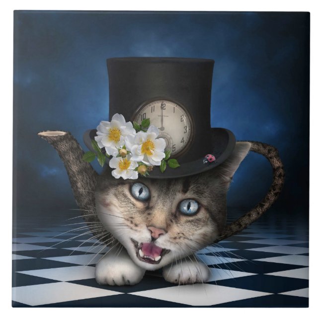 Awesome Mad Hatter Teapot Cat Whimsical Design Tile (Front)
