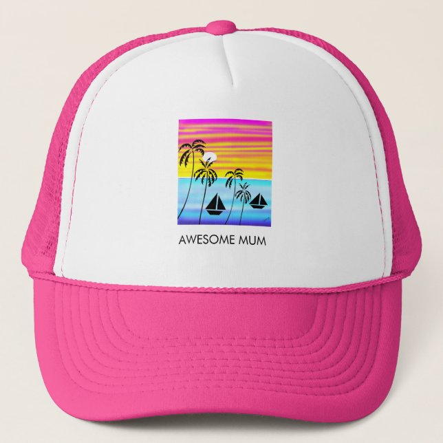 Awesome Mum Tropical Sunset Sailing Trucker Hat (Front)