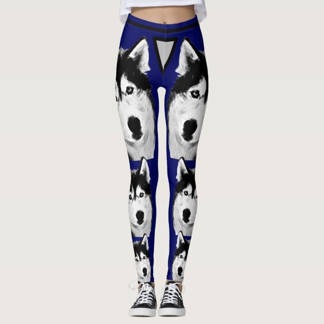 Awesome Navy Blue Siberian Husky Dog Leggings (Front)