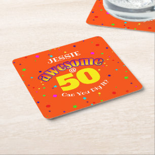 AWESOME Orange 50TH BIRTHDAY  Square Paper Coaster