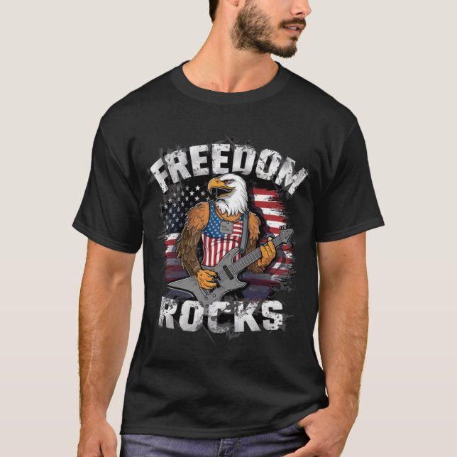 Awesome patriotic Freedom Rocks Eagle plays Guitar T-Shirt (Front)