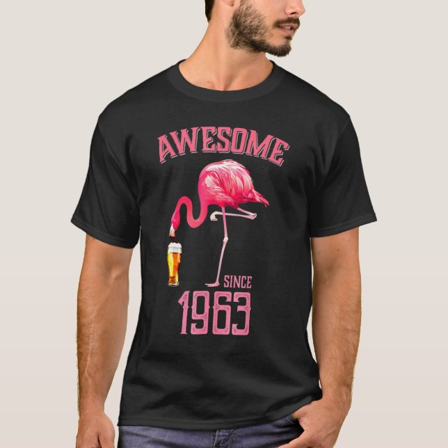 Awesome Pink Flamingo Bird Since 1963 55th Birthda T-Shirt (Front)