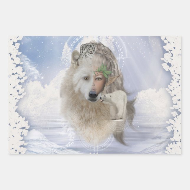 Awesome polarwolf with fairy, polarbear and snow t wrapping paper sheet (Front)