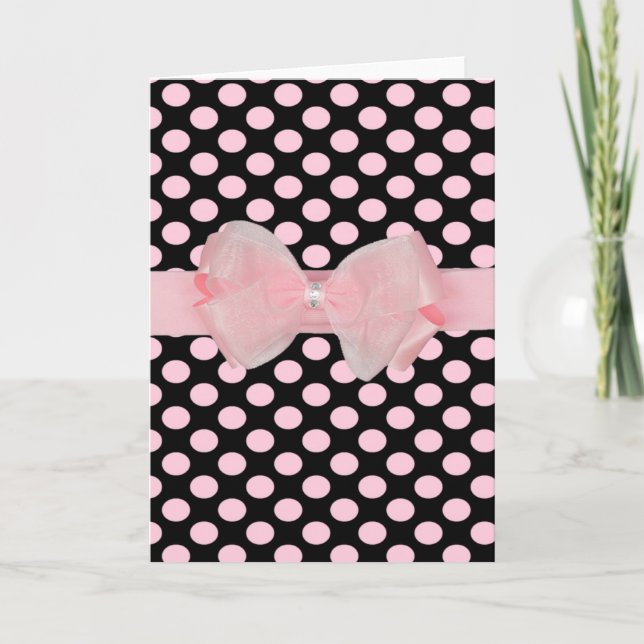 Awesome polka dot bows & rhinestone blank greeting thank you card (Front)