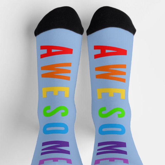 AWESOME POSTIVE HAPPY UPLIFTING TEXT RAINBOW BLUE SOCKS (Top)