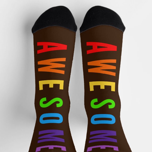 AWESOME POSTIVE HAPPY UPLIFTING TEXT RAINBOW BROWN SOCKS (Top)
