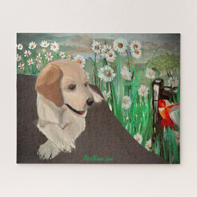 Awesome Puppy, Daisies, & Hummingbird Jigsaw Puzzle (Horizontal)