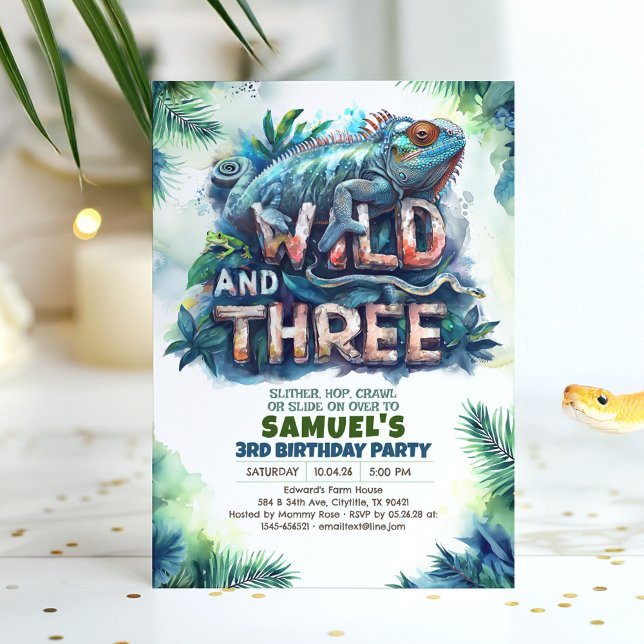 Awesome Reptiles Wild and Three 3rd Birthday Party Invitation (Wild and Three Birthday Invitation)