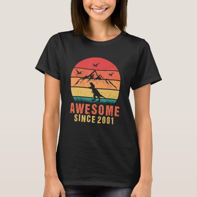 Awesome Since 2001 Retro 21st Birthday Dinosaur 21 T-Shirt (Front)