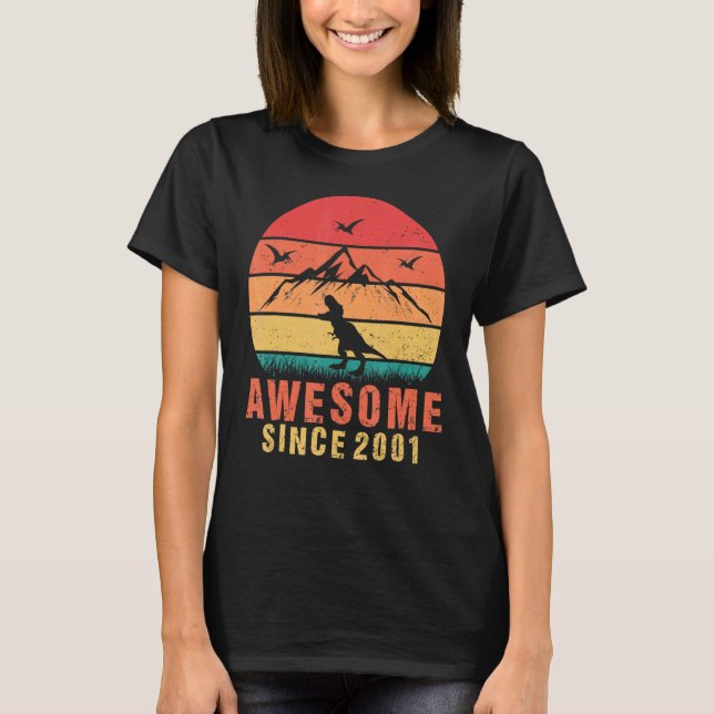 Awesome Since 2001 Retro 21st Birthday Dinosaur 21 T-Shirt (Front)