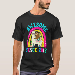 Awesome Since 2012 Llama Sloth 10th Birthday Rainb T-Shirt