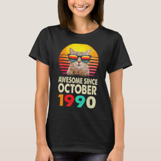 Awesome Since October 1990 32nd Birthday Cat Vinta T-Shirt