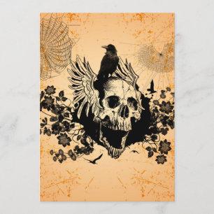 Awesome skull with wings and crow invitation