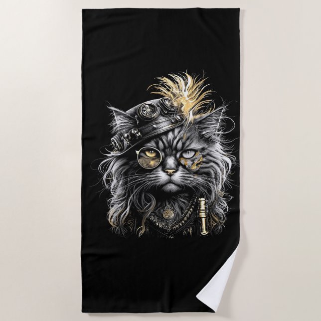 Awesome Steampunk Cat  Beach Towel (Front)