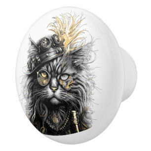Awesome Steampunk Cat Ceramic Knob