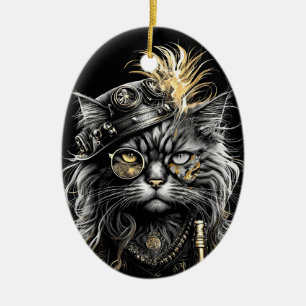 Awesome Steampunk Cat Ceramic Tree Decoration
