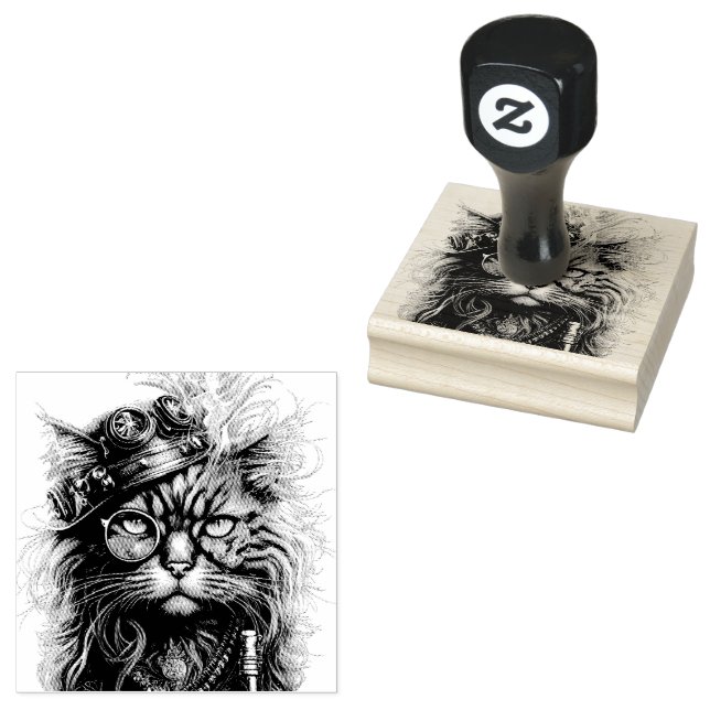 Awesome Steampunk Cat  Rubber Stamp (Stamped)