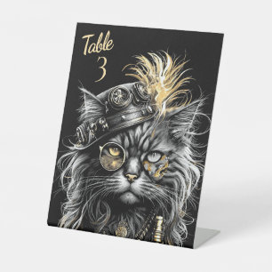 Awesome Steampunk Cat Table Number Pedestal Sign