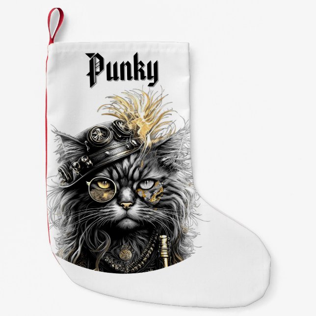 Awesome Steampunk Cat with Name Small Christmas Stocking (Front)